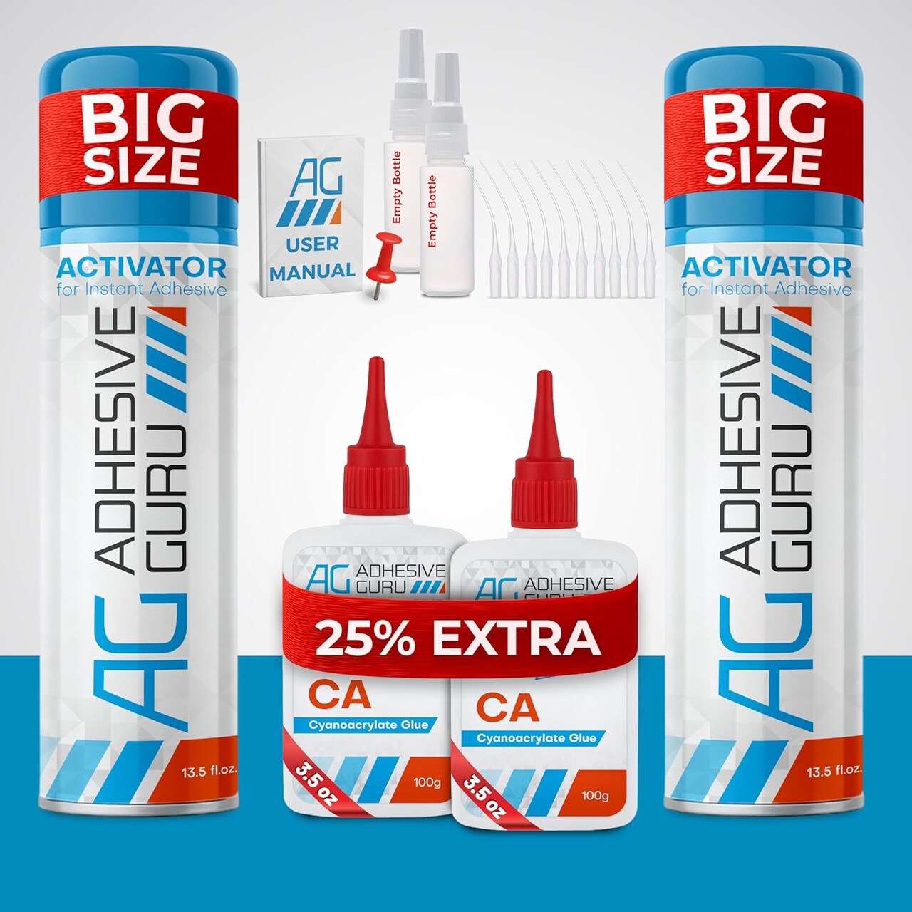 ADHESIVE GURU AG240 CA Glue (2x3.5 oz) & Activator Spray Set (2x13.5 fl oz) with Microtips, Clear Super Glue and Accelerator Kit